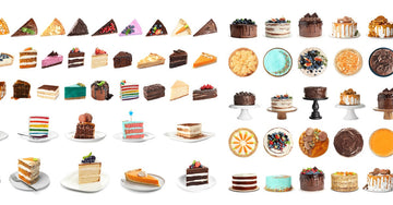 Rows of masterfully crafted cakes and cake slices on stands and plates. There's a wide range of flavors and designs.